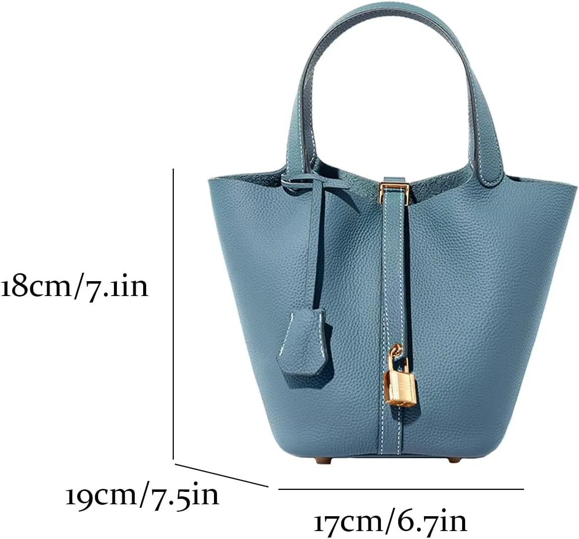 Fashion Genuine Leather Bucket Bag with Inner and Lock Handbag Tote Bag Purses for Shopping Travel Business School(White)