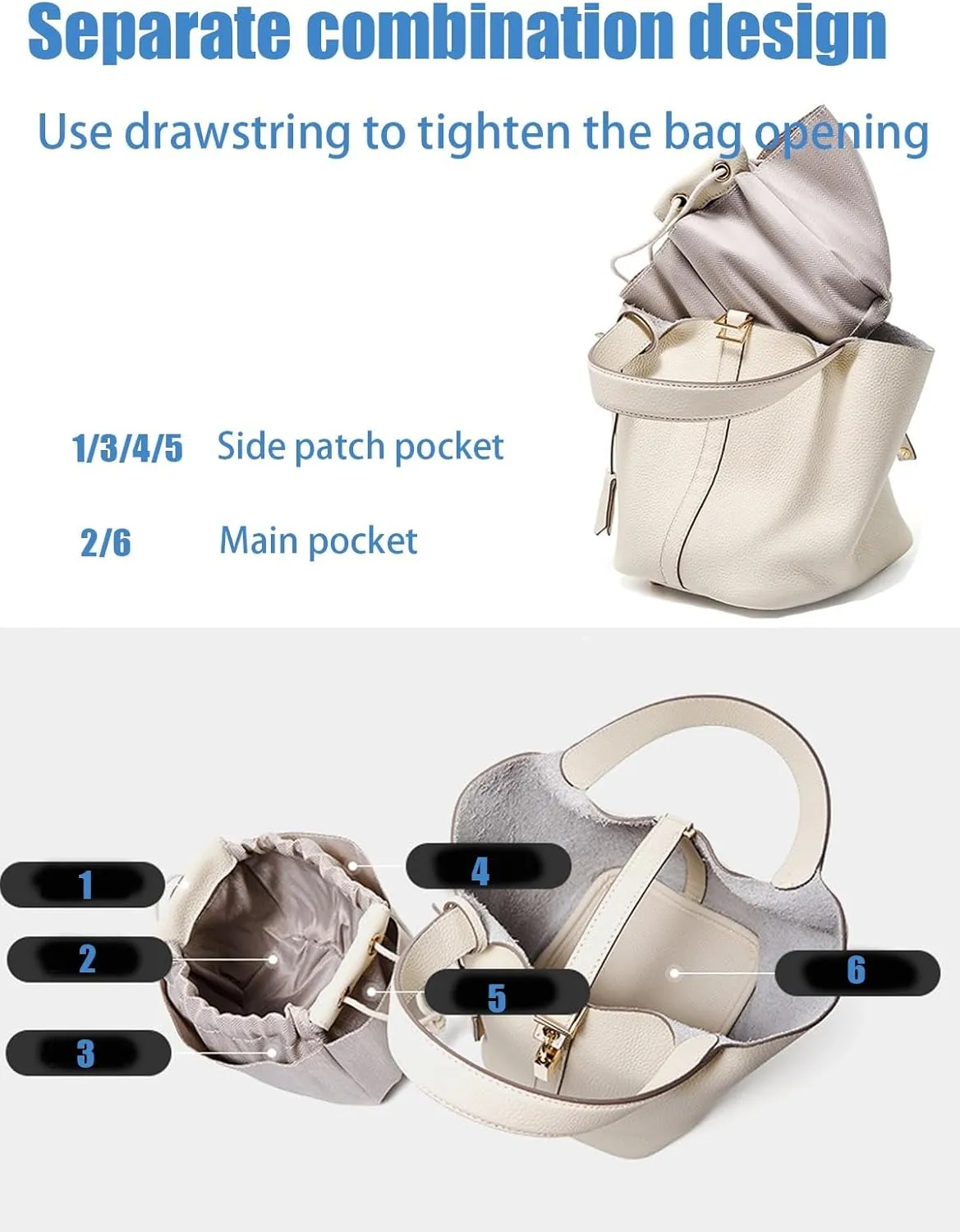 Fashion Genuine Leather Bucket Bag with Inner and Lock Handbag Tote Bag Purses for Shopping Travel Business School(White)