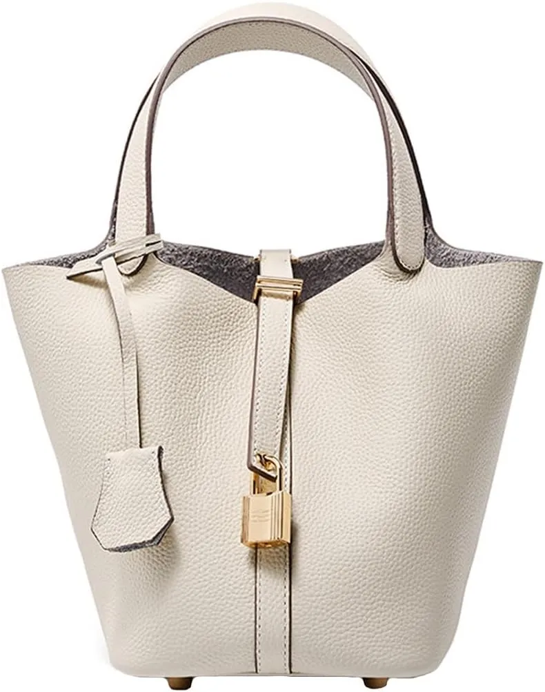 Fashion Genuine Leather Bucket Bag with Inner and Lock Handbag Tote Bag Purses for Shopping Travel Business School(White)
