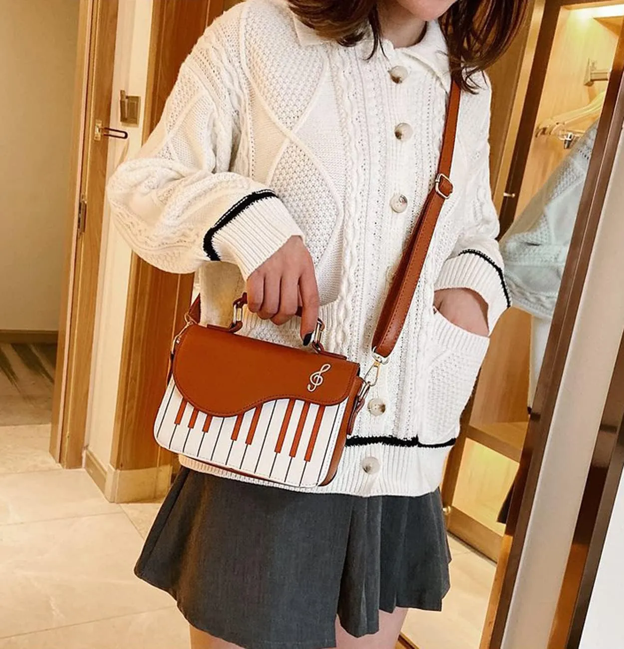 Fashion Shoulder Bag Purse for Women Teens Piano Keys Music Vintage Crossbody Bag PU Leather Top Handle Handbag