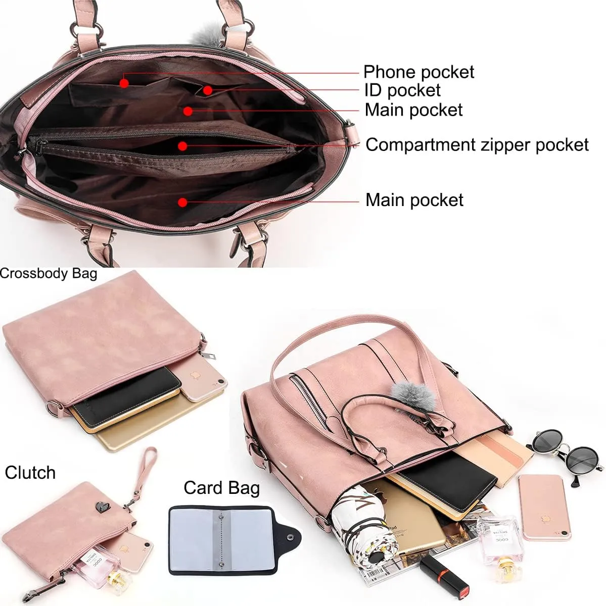 Fashion Women's PU Leather Handbag Satchel  Purse Card Holder 4pcs Set Tote Shoulder Bag