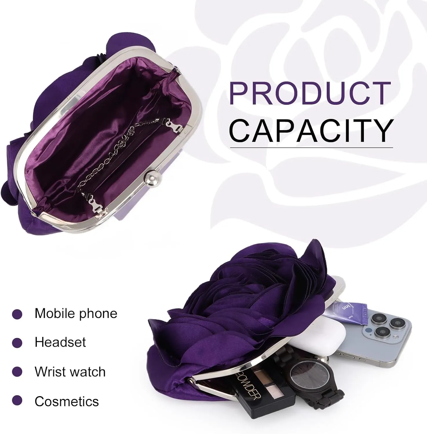 Fecialy Women Evening Bag Floral Satin Clutch Purses with Chain Rose Pattern Purse Party Prom Handbags