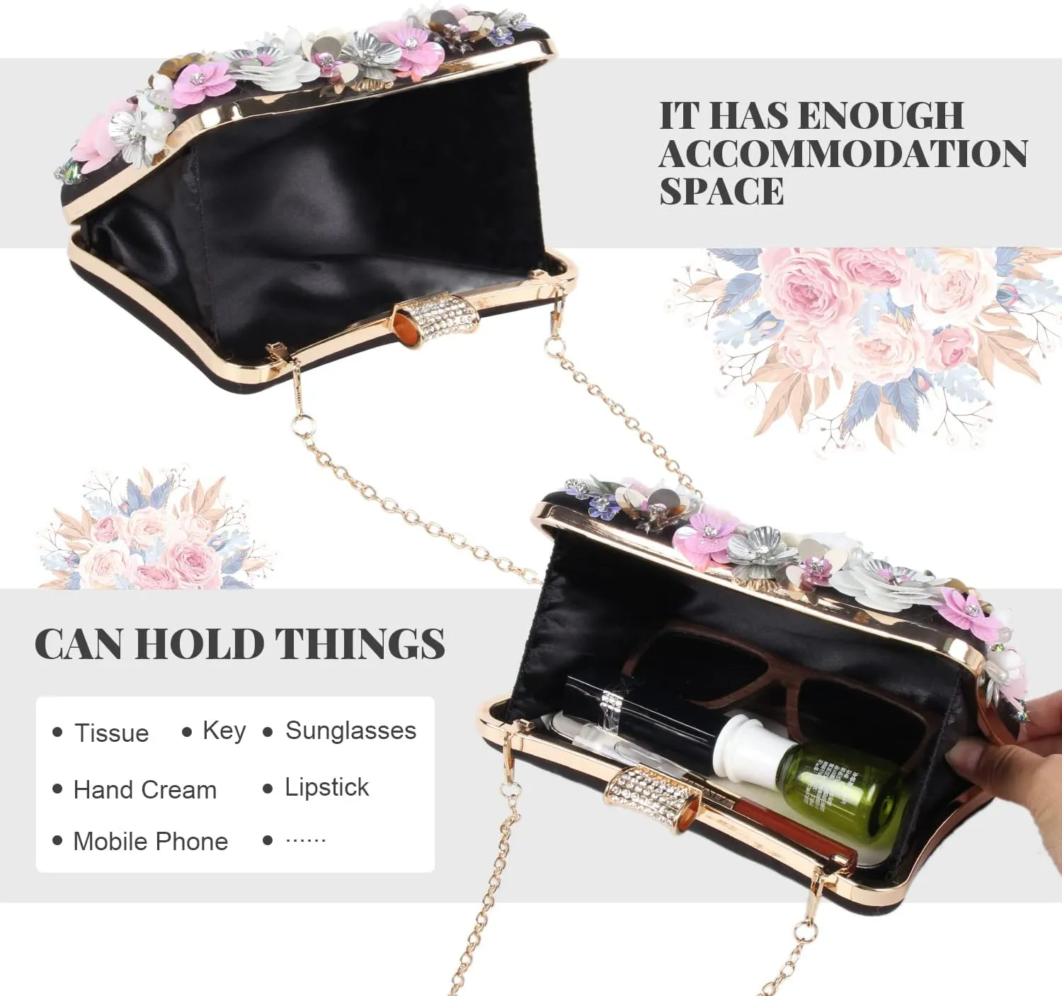 Fecialy Women's Floral Evening Handbags Colorful Rhinestone Clutch Purses Floral Bride Wedding Handbag Chain Shoulder Bag