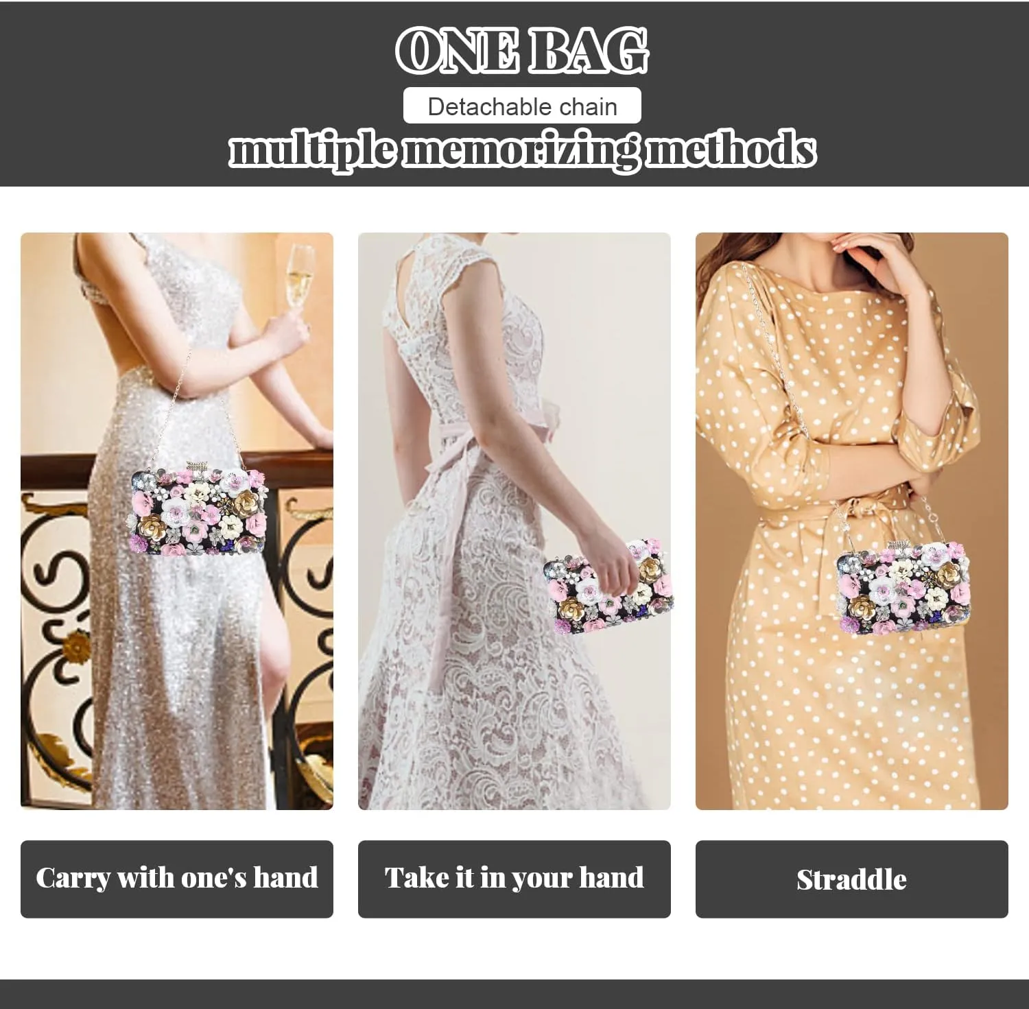 Fecialy Women's Floral Evening Handbags Colorful Rhinestone Clutch Purses Floral Bride Wedding Handbag Chain Shoulder Bag