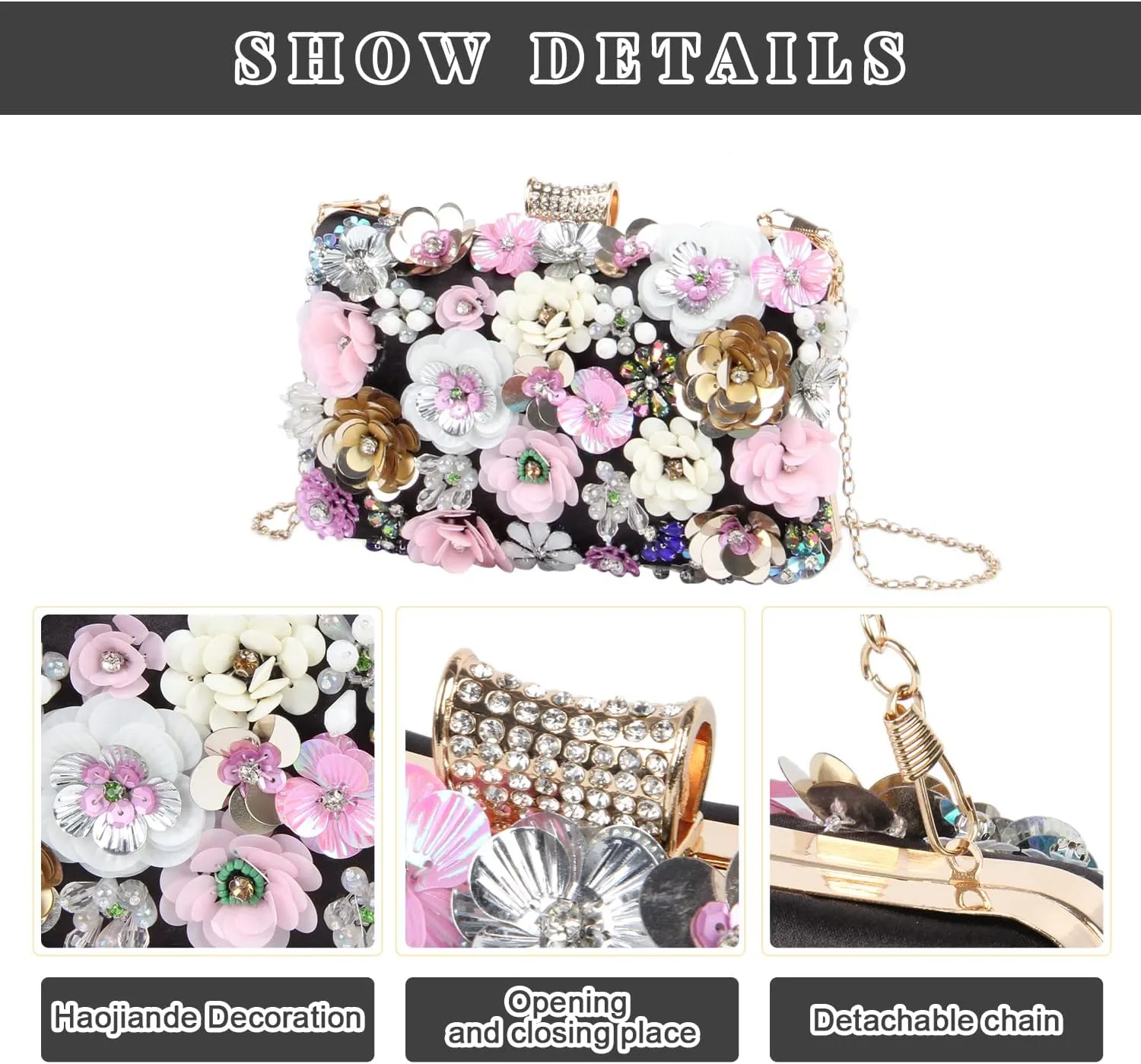 Fecialy Women's Floral Evening Handbags Colorful Rhinestone Clutch Purses Floral Bride Wedding Handbag Chain Shoulder Bag