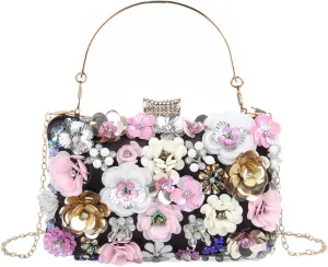 Fecialy Women's Floral Evening Handbags Colorful Rhinestone Clutch Purses Floral Bride Wedding Handbag Chain Shoulder Bag