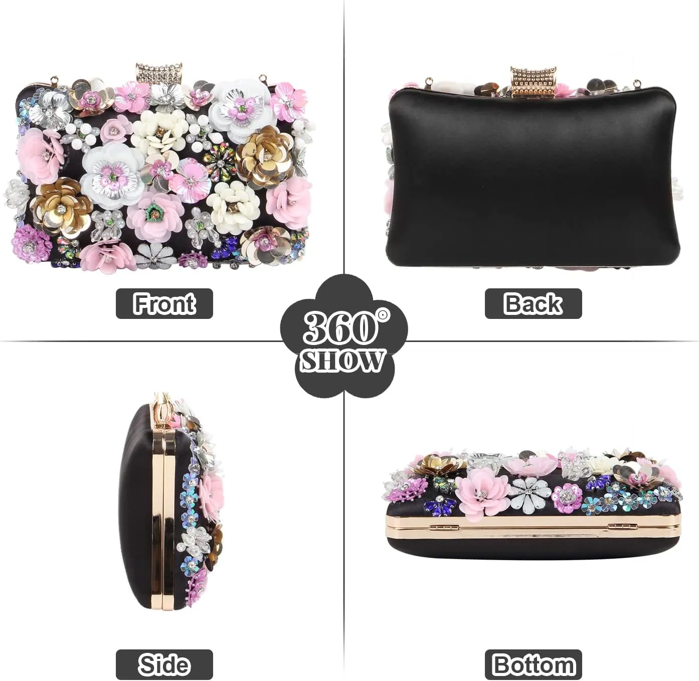 Fecialy Women's Floral Evening Handbags Colorful Rhinestone Clutch Purses Floral Bride Wedding Handbag Chain Shoulder Bag