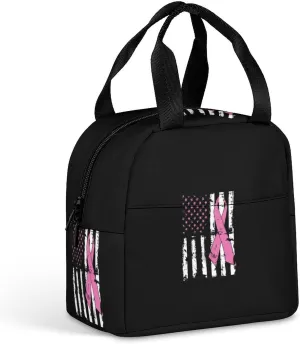 Fight Breast Cancer Awareness USA Flag Insulated Meal Tote Bag Portable Lunch Box Container Food Handbags for Men Women