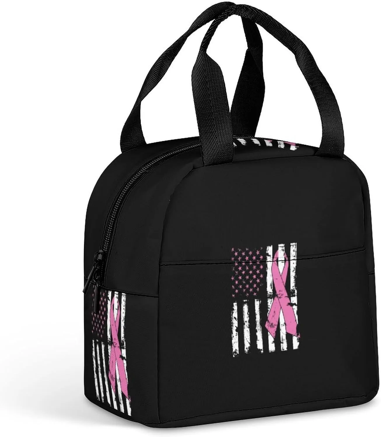 Fight Breast Cancer Awareness USA Flag Insulated Meal Tote Bag Portable Lunch Box Container Food Handbags for Men Women