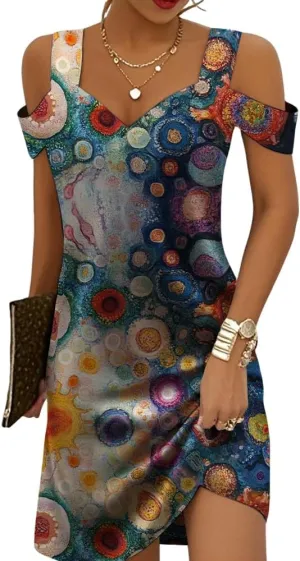Floral Printed Boho Dresses for Women 2025 Cold Shoulder V Neck Vacation Sundresses Summer Casual Sexy Mini Dress
