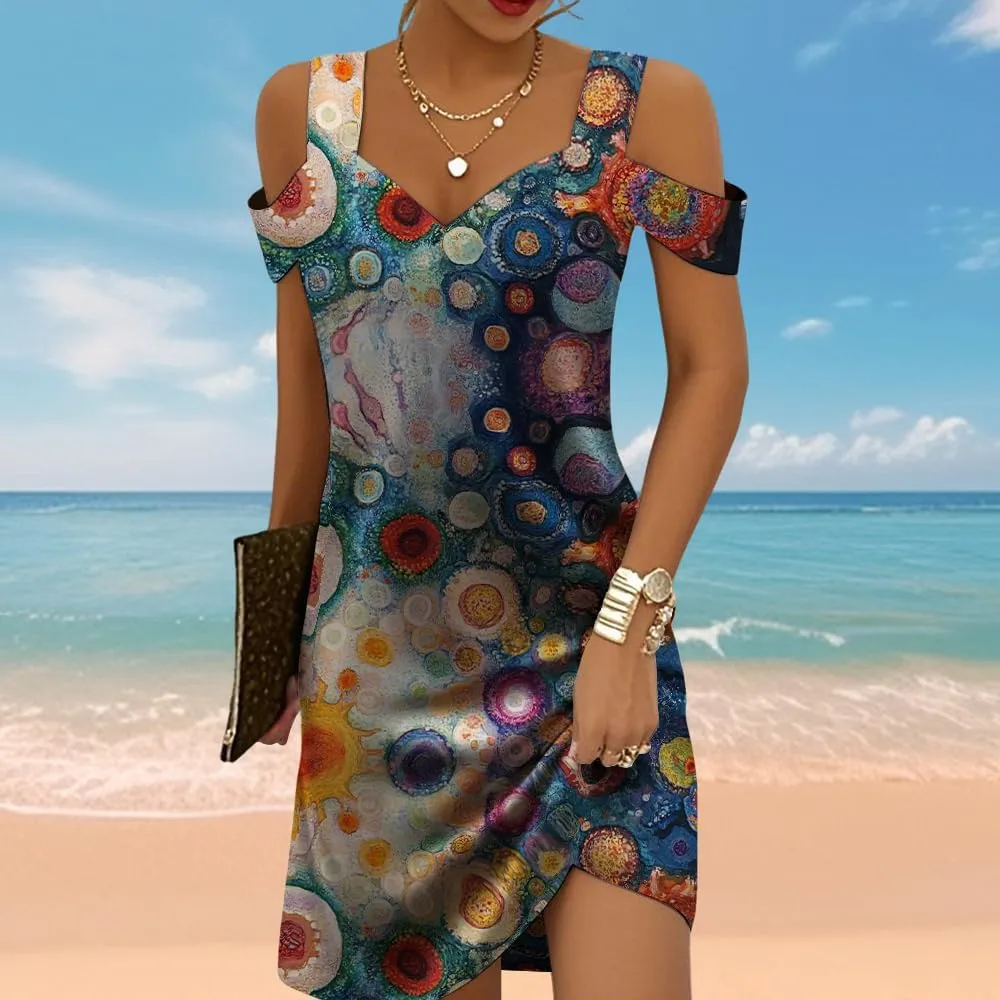 Floral Printed Boho Dresses for Women 2025 Cold Shoulder V Neck Vacation Sundresses Summer Casual Sexy Mini Dress