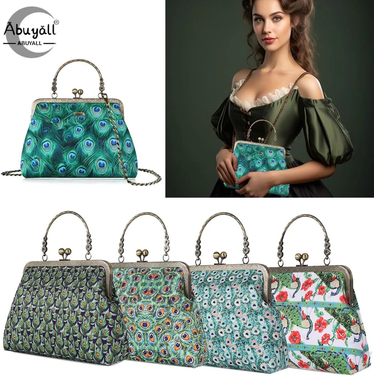 Floral Top-Handle Handbag, Kiss Lock Evening Bag for Women, Vintage Handbag