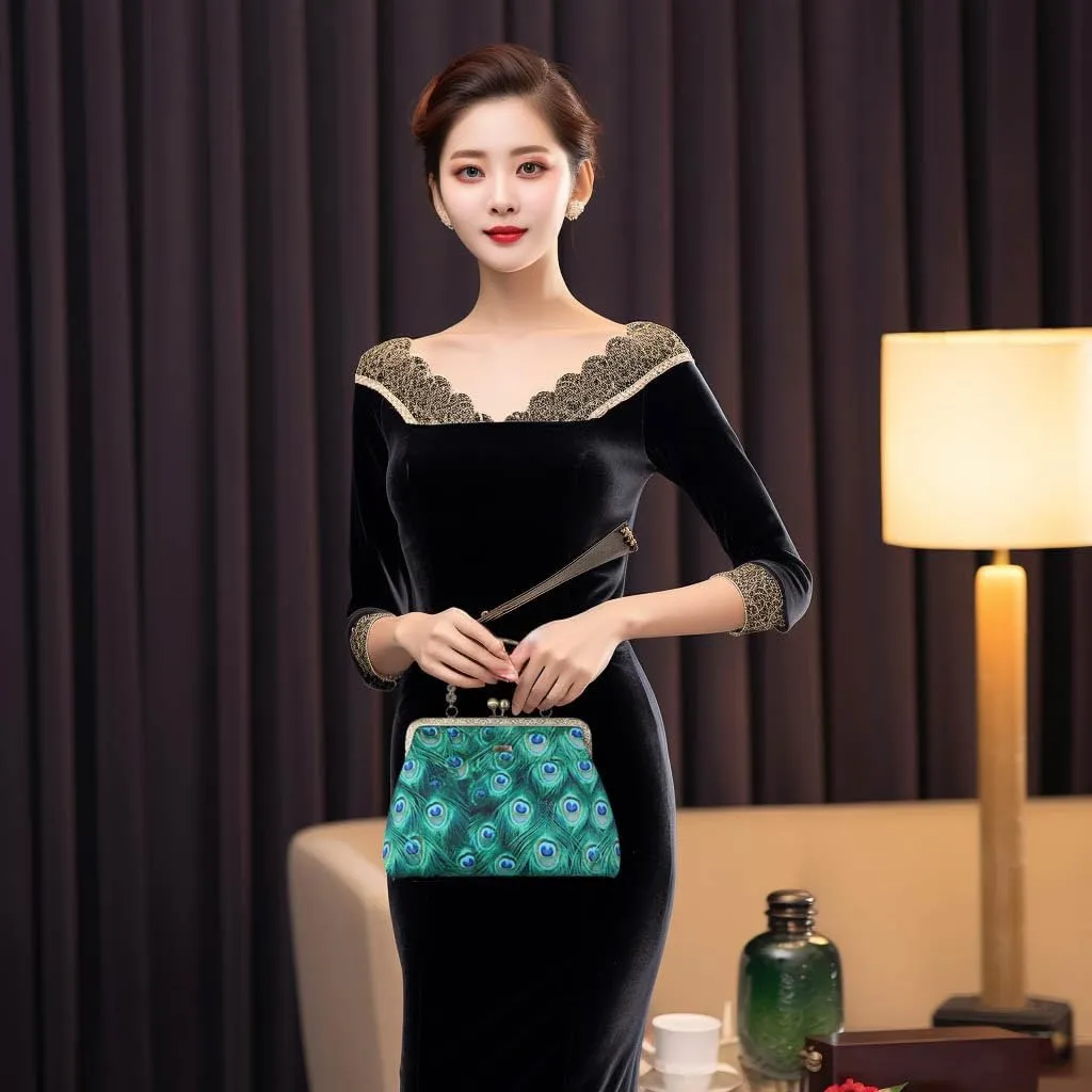 Floral Top-Handle Handbag, Kiss Lock Evening Bag for Women, Vintage Handbag