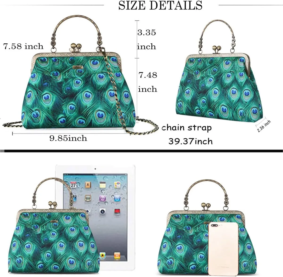 Floral Top-Handle Handbag, Kiss Lock Evening Bag for Women, Vintage Handbag