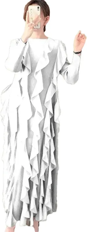 Flounced Edge Patchwork Pleated Dress Women O Neck Full Sleeves Evening Party Loose Clothes