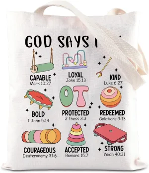 FOTAP Occupational Therapy Gift God Say I Am OT Tote Bag Occupational Therapist Handbag OT Appreciation Gift (OT TOTE), White