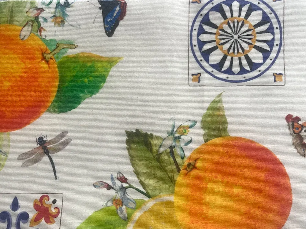 Fragrant Orange Blossoms & Ladybugs on Off-White Laminated Cotton (Made in Spain)