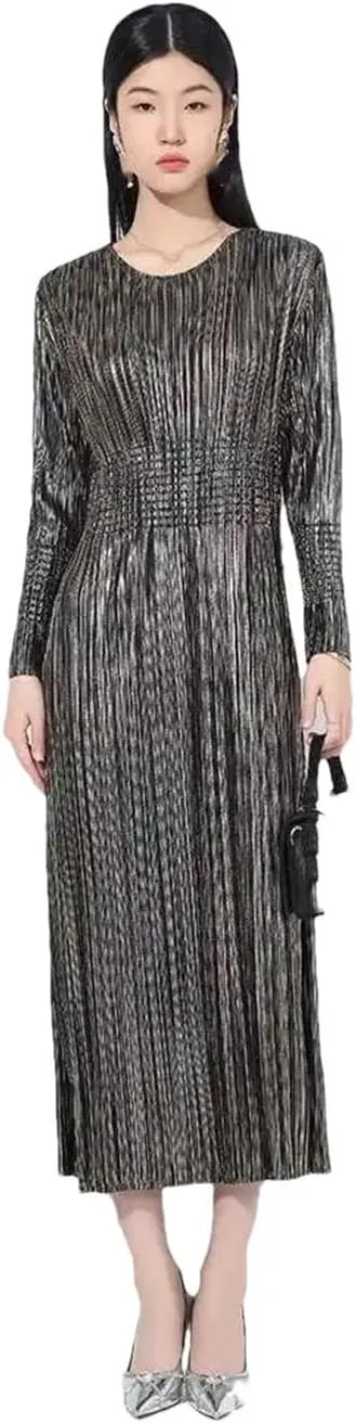 Full Sleeves Pleated Dress Women O-Neck Solid Color Gathered Waist Slim Clothing