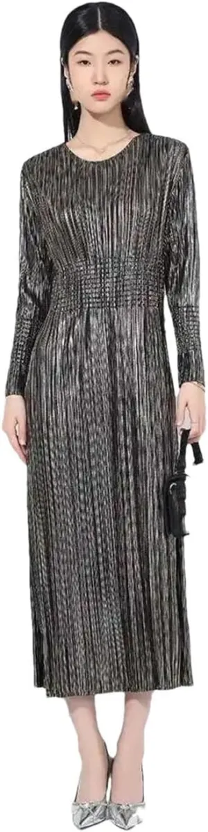 Full Sleeves Pleated Dress Women O-Neck Solid Color Gathered Waist Slim Clothing