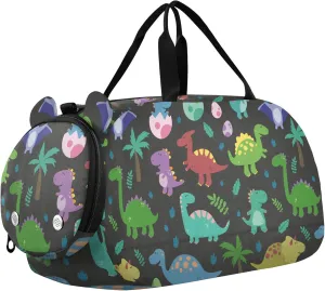 Funny Colorful Dinosaurs Footprins Eggs Baby Duffel Bag with Shoes Compartment Lightweight Travel Duffel with Adjustable Strap for Travel, Swimming, Dance, Ballet