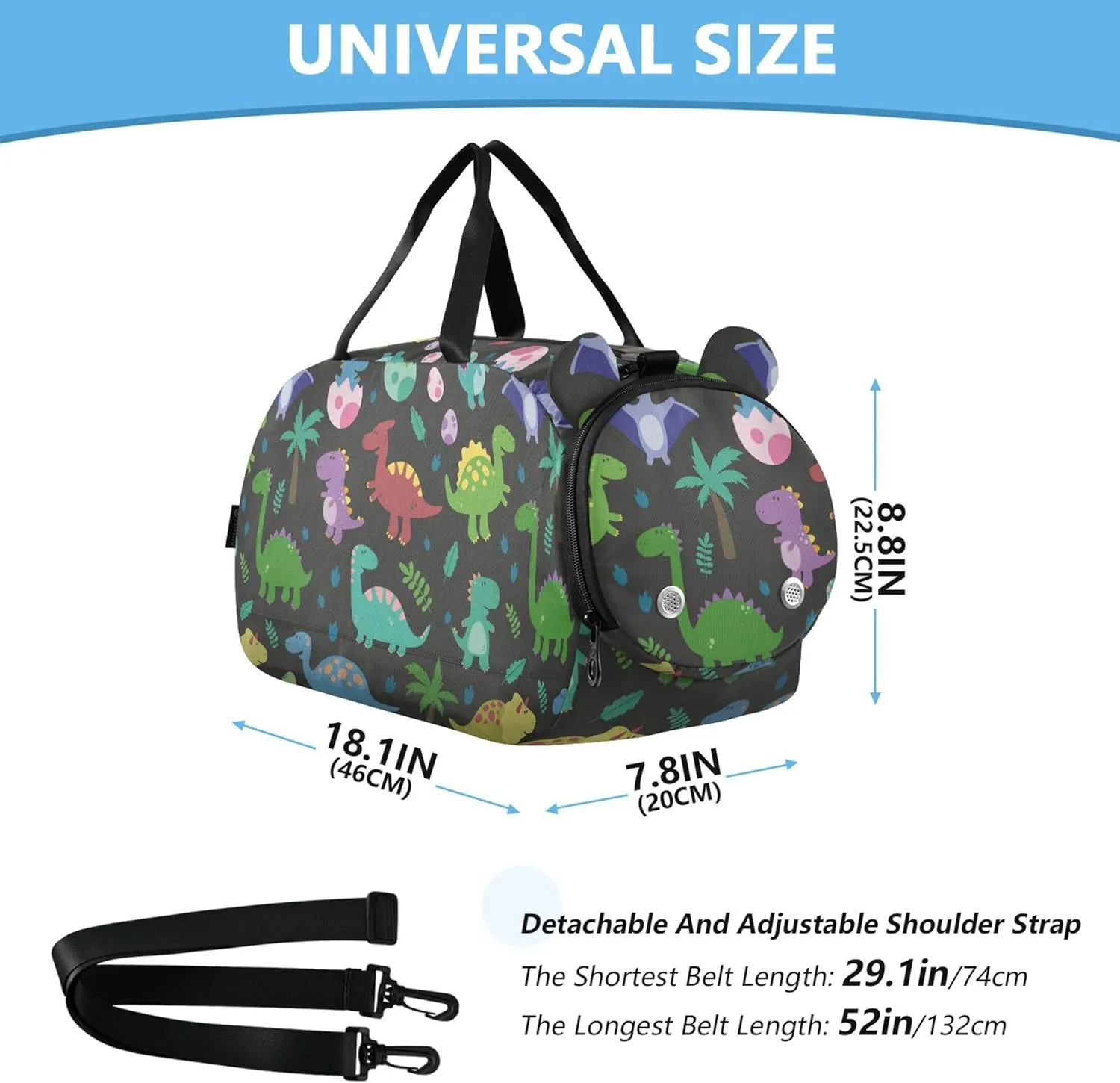 Funny Colorful Dinosaurs Footprins Eggs Baby Duffel Bag with Shoes Compartment Lightweight Travel Duffel with Adjustable Strap for Travel, Swimming, Dance, Ballet