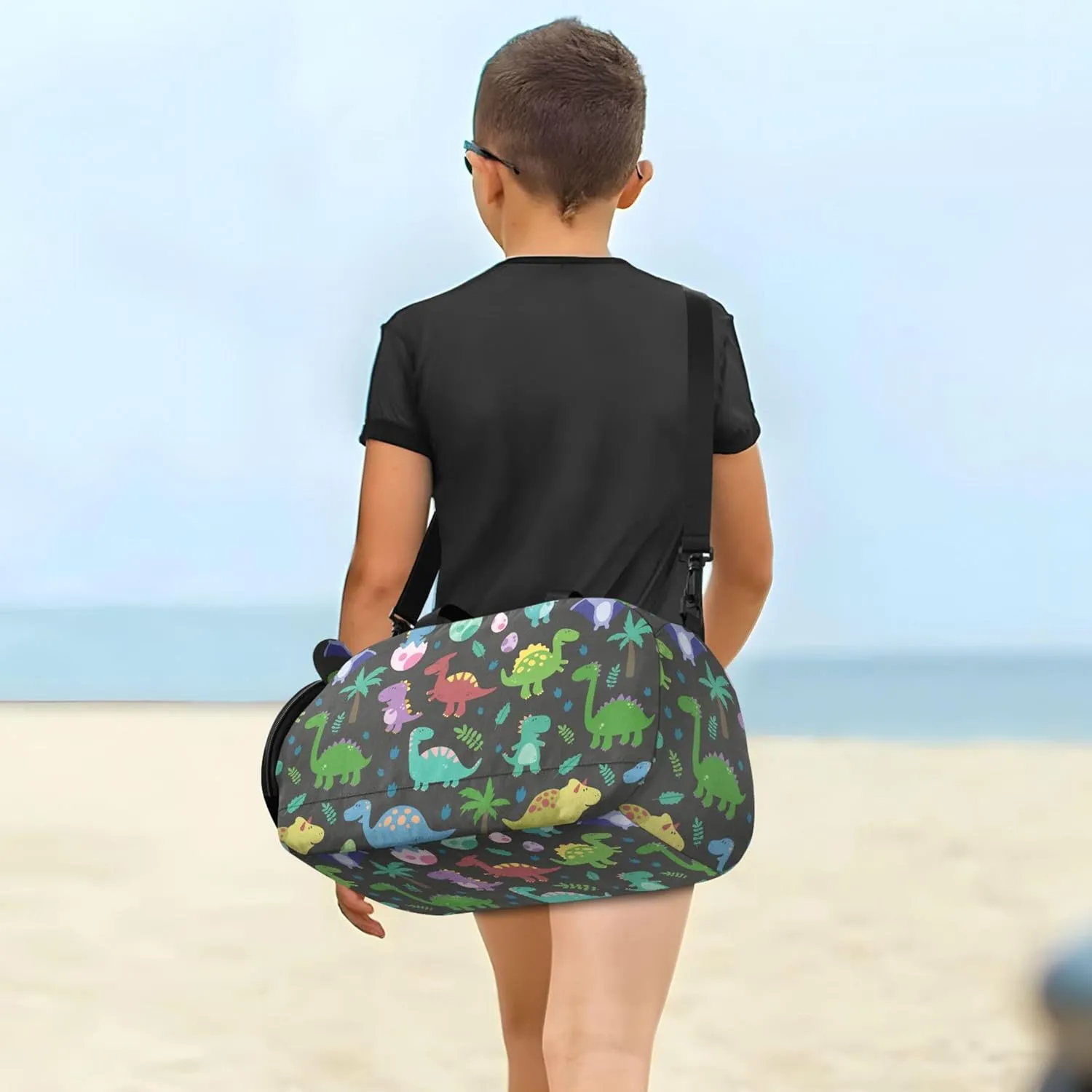 Funny Colorful Dinosaurs Footprins Eggs Baby Duffel Bag with Shoes Compartment Lightweight Travel Duffel with Adjustable Strap for Travel, Swimming, Dance, Ballet
