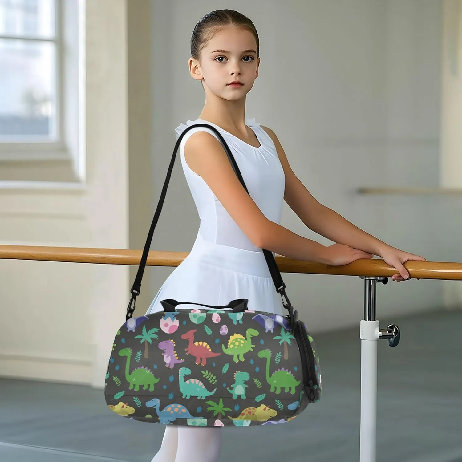 Funny Colorful Dinosaurs Footprins Eggs Baby Duffel Bag with Shoes Compartment Lightweight Travel Duffel with Adjustable Strap for Travel, Swimming, Dance, Ballet