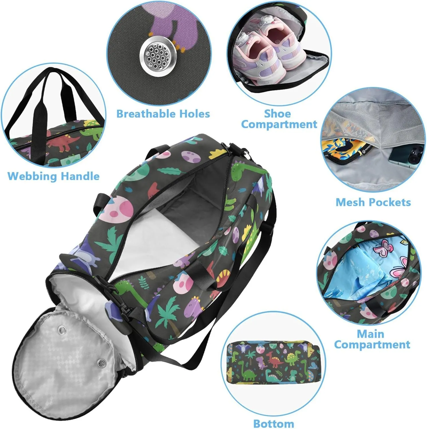 Funny Colorful Dinosaurs Footprins Eggs Baby Duffel Bag with Shoes Compartment Lightweight Travel Duffel with Adjustable Strap for Travel, Swimming, Dance, Ballet