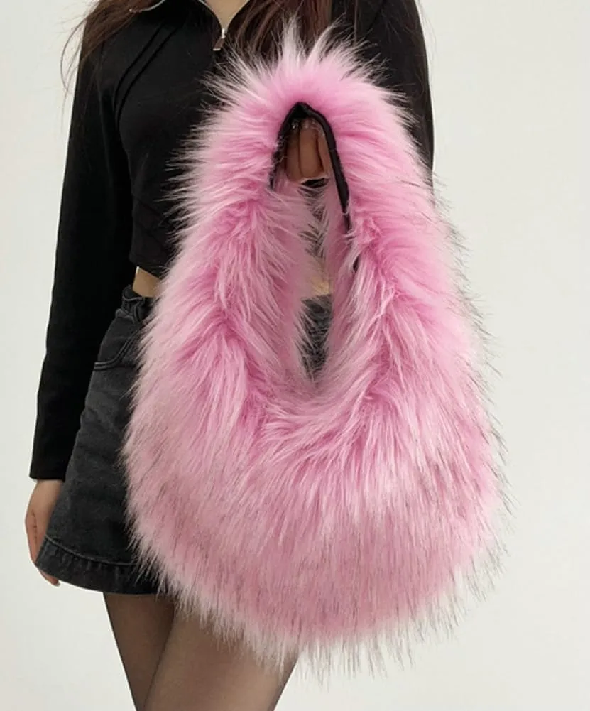 Furry Purse for Women Faux Fur Shoulder Bag Y2k Purse Fluffy Large Tote Bag Fuzzy Handbags Dumpling Satchels