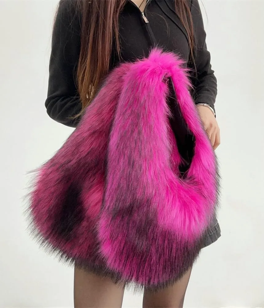 Furry Purse for Women Faux Fur Shoulder Bag Y2k Purse Fluffy Large Tote Bag Fuzzy Handbags Dumpling Satchels