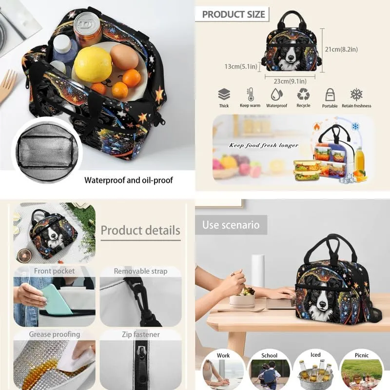 Galaxy Border Collie Print 3 Pcs Shoulder Lunch Bag and Pen Case Bag Set Colorful Starry Sky Puppy Animal Dog Pattern Travel Backpack 17 Inch Student Backpack Bookbags Set