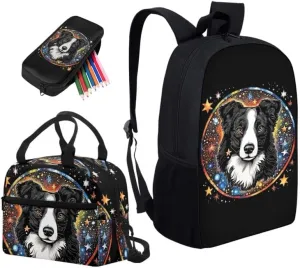 Galaxy Border Collie Print 3 Pcs Shoulder Lunch Bag and Pen Case Bag Set Colorful Starry Sky Puppy Animal Dog Pattern Travel Backpack 17 Inch Student Backpack Bookbags Set