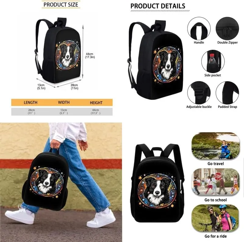 Galaxy Border Collie Print 3 Pcs Shoulder Lunch Bag and Pen Case Bag Set Colorful Starry Sky Puppy Animal Dog Pattern Travel Backpack 17 Inch Student Backpack Bookbags Set