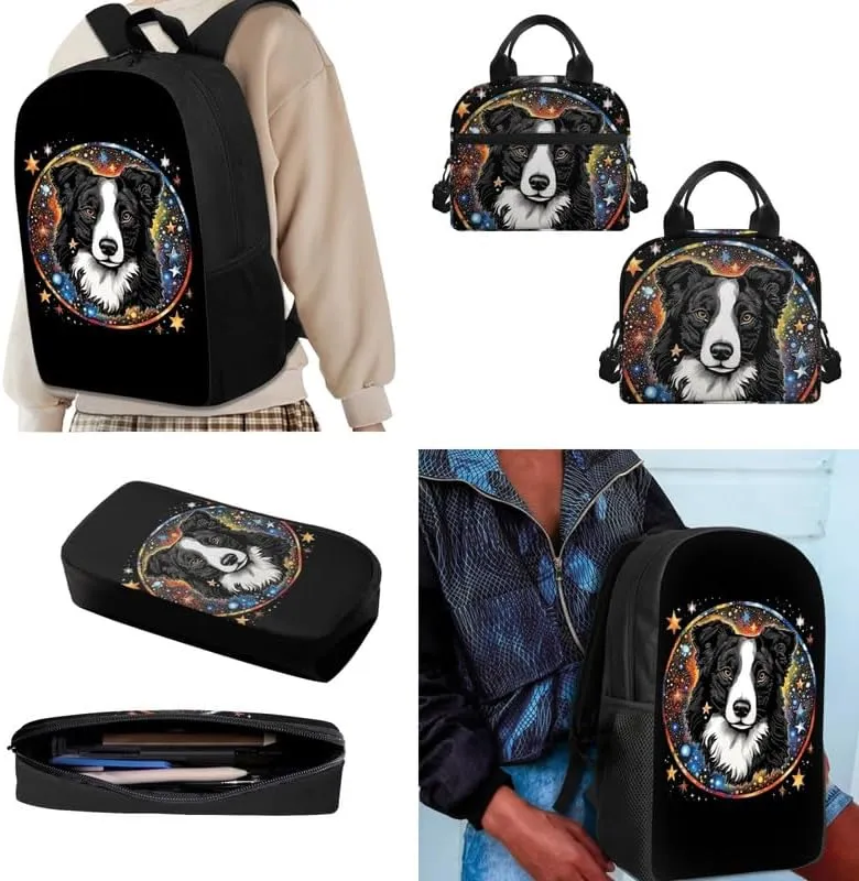 Galaxy Border Collie Print 3 Pcs Shoulder Lunch Bag and Pen Case Bag Set Colorful Starry Sky Puppy Animal Dog Pattern Travel Backpack 17 Inch Student Backpack Bookbags Set