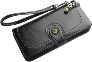 GALPADA Black Women's Clutch Oily Wax Leather Zipper Pouch Multi-card Slot Tote Purse Handbags for Women