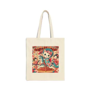 Geisha Kitten's Enchanted Carousel Ride Cotton Canvas Tote Bag