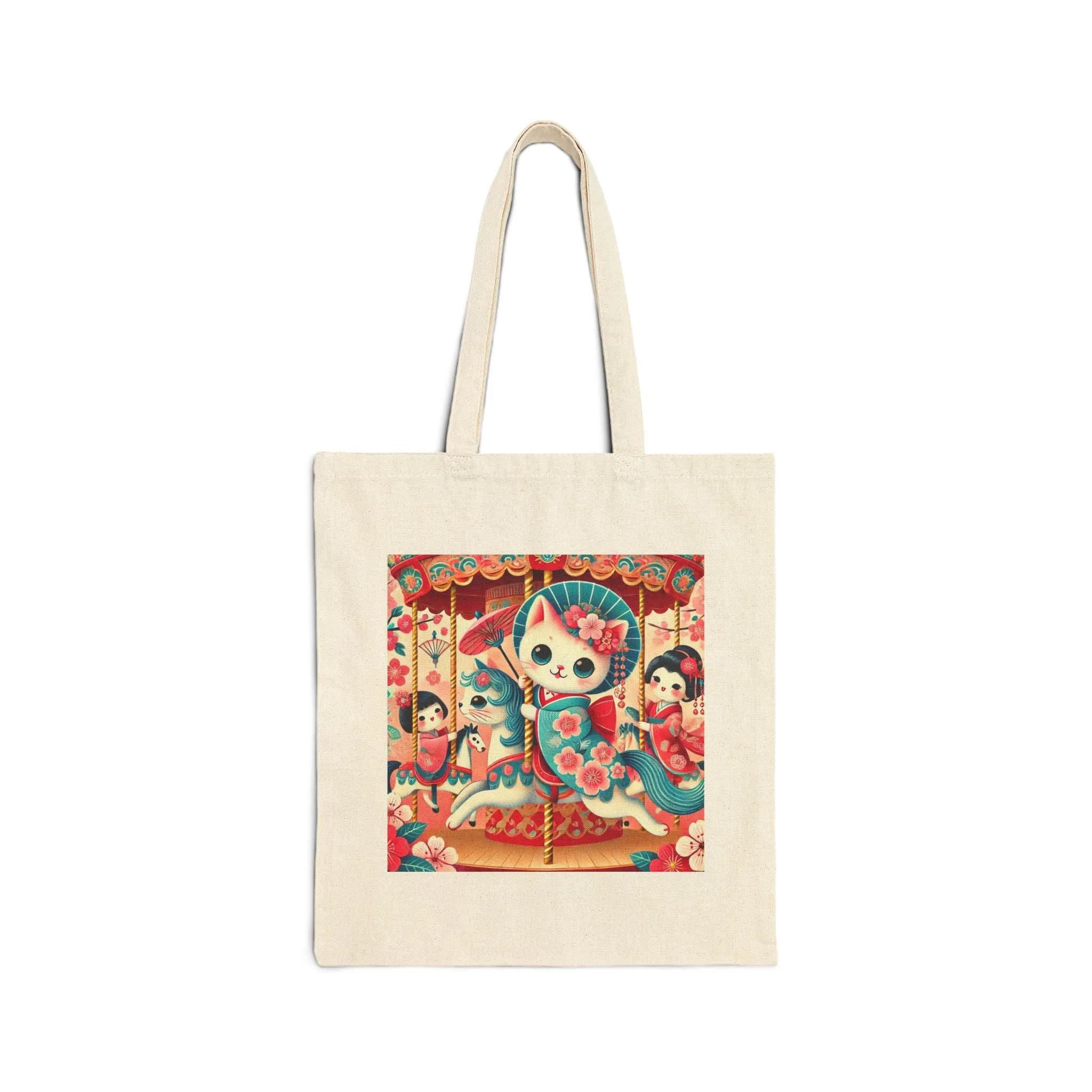 Geisha Kitten's Enchanted Carousel Ride Cotton Canvas Tote Bag