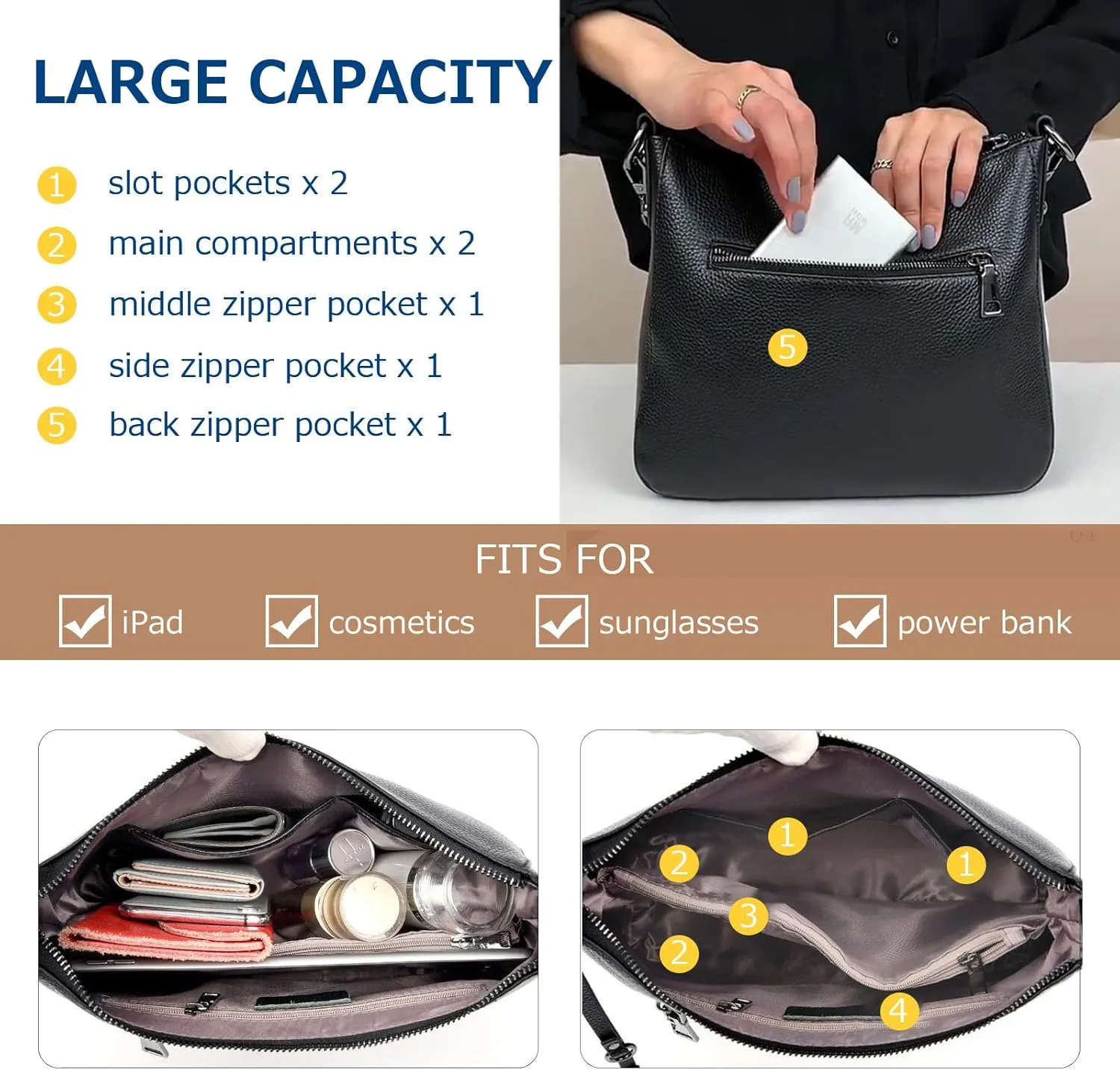 Genuine Leather Hobo Purses for Women Large Crossbody Bag Treny Tote Shoulder Satchel Bag