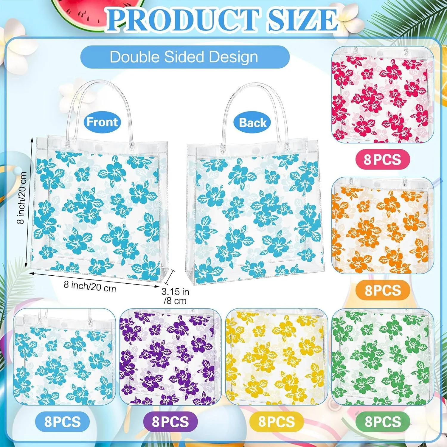 Geyoga 48 Pcs Hawaiian Gift Bags with Handle Luau Party Favors Summer Tropical Clear Gift Bags PVC Tote for Goodie Summer Tropical Aloha Luau Tiki Party Favor, 8 x 8 x 3.15 Inches