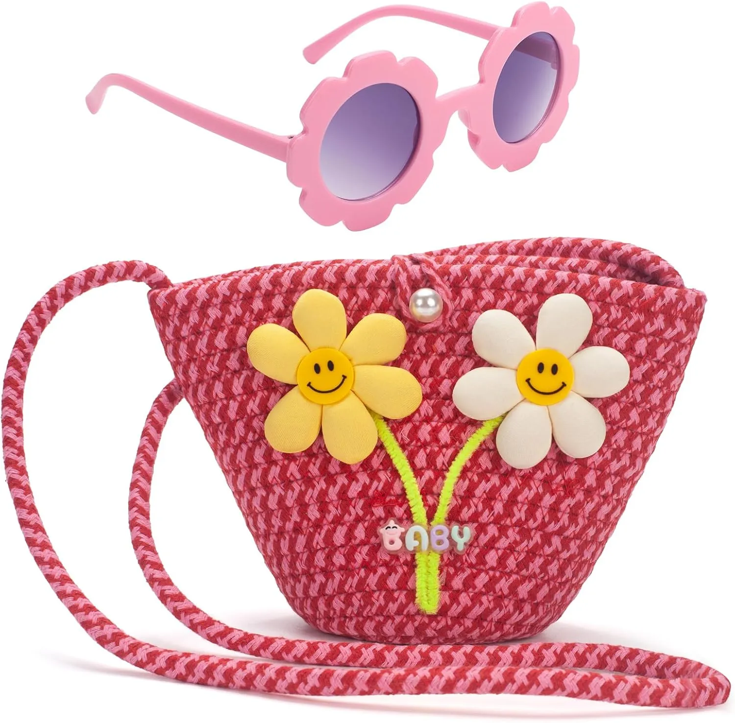 Girls Purse for Toddlers Age 1-14, Flower Kids Purses for Girls, Red Toddler Woven Purse, Princess Wallet with Glasses, Kids Crossbody Bag Gift for Christmas, Birthday