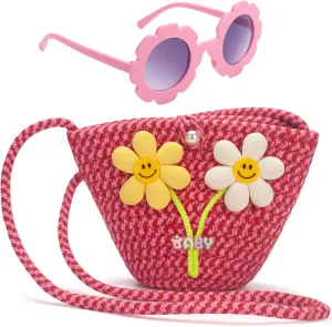 Girls Purse for Toddlers Age 1-14, Flower Kids Purses for Girls, Red Toddler Woven Purse, Princess Wallet with Glasses, Kids Crossbody Bag Gift for Christmas, Birthday