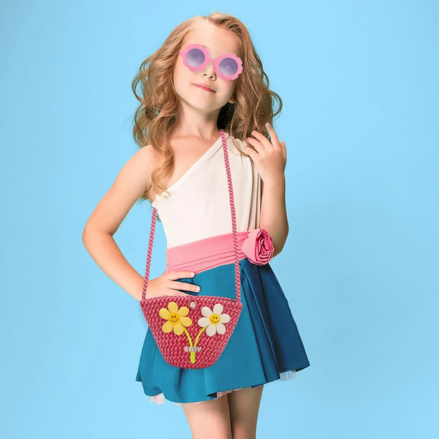 Girls Purse for Toddlers Age 1-14, Flower Kids Purses for Girls, Red Toddler Woven Purse, Princess Wallet with Glasses, Kids Crossbody Bag Gift for Christmas, Birthday