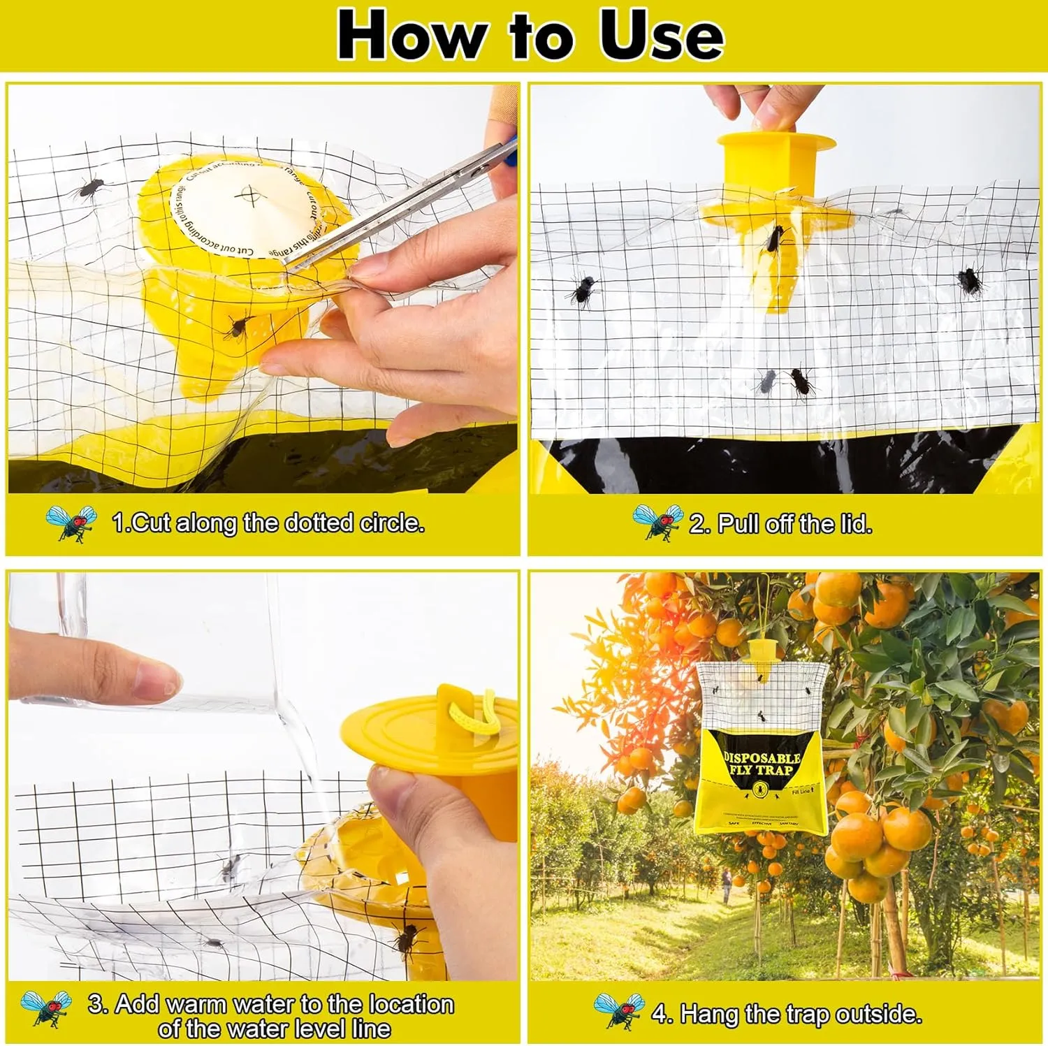 Glovv 10.8 * 12.6 Inch Fly Trap for Patio, Big Bags Outdoor Disposable 4 Pack, Hanging Fly Catcher with Bait, Hunter Stable Horse Ranch Control Repellent Killer for Barn, Farm, Mosquito, Bugs
