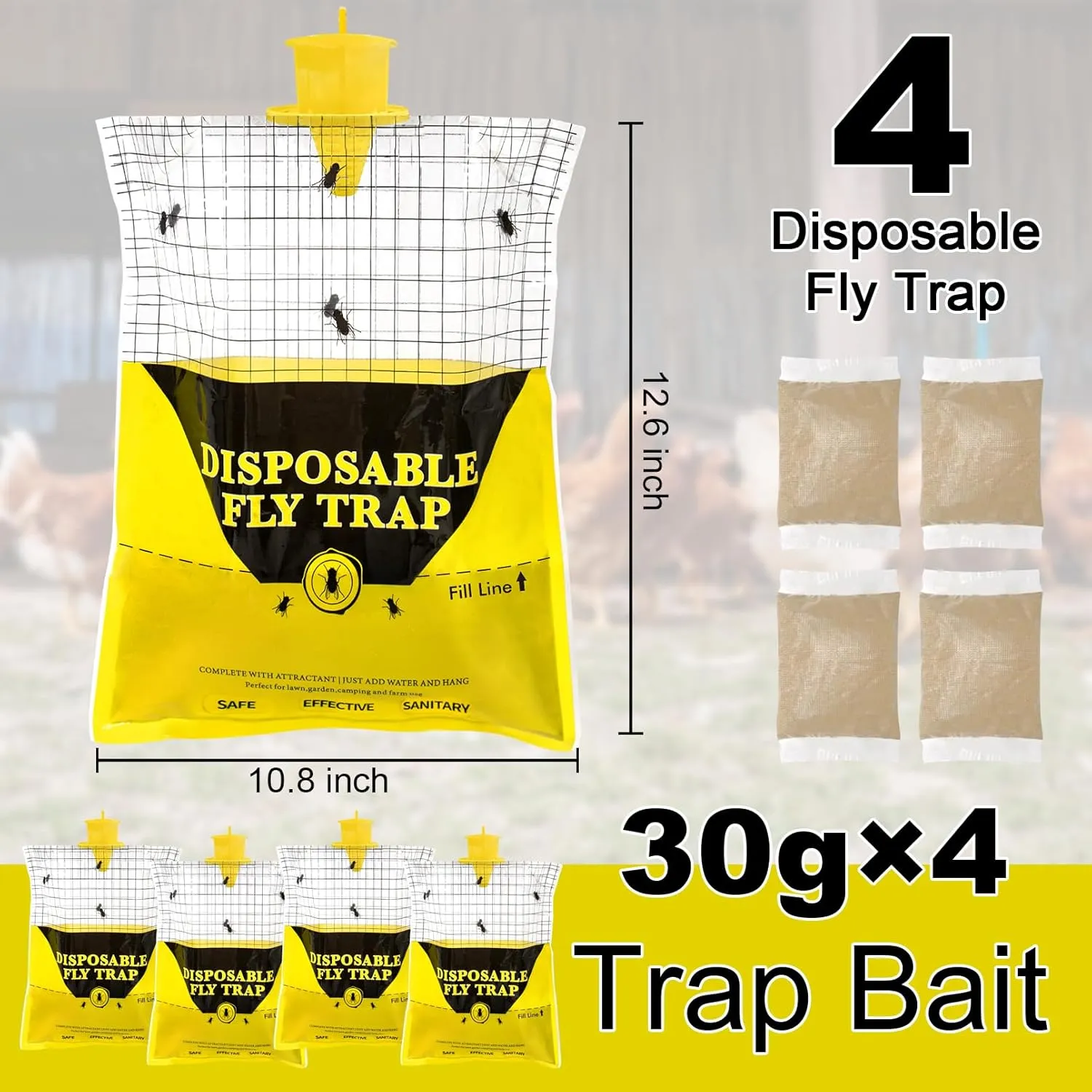 Glovv 10.8 * 12.6 Inch Fly Trap for Patio, Big Bags Outdoor Disposable 4 Pack, Hanging Fly Catcher with Bait, Hunter Stable Horse Ranch Control Repellent Killer for Barn, Farm, Mosquito, Bugs