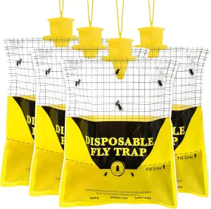 Glovv 10.8 * 12.6 Inch Fly Trap for Patio, Big Bags Outdoor Disposable 4 Pack, Hanging Fly Catcher with Bait, Hunter Stable Horse Ranch Control Repellent Killer for Barn, Farm, Mosquito, Bugs