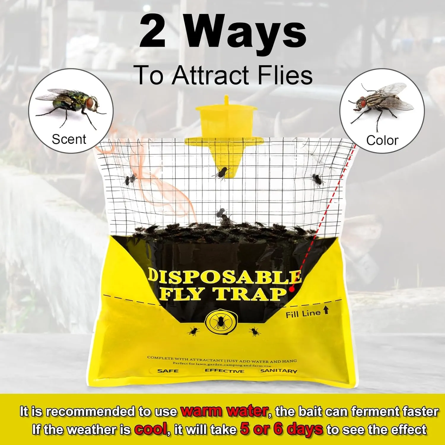 Glovv Fly Traps Outdoor Hanging with Fly Bait, 4 Pack Disposable Bags Hunter Ranch Trap, Flies Control Bug Catcher Killer Repellent for Stable Horse Barn & Farm