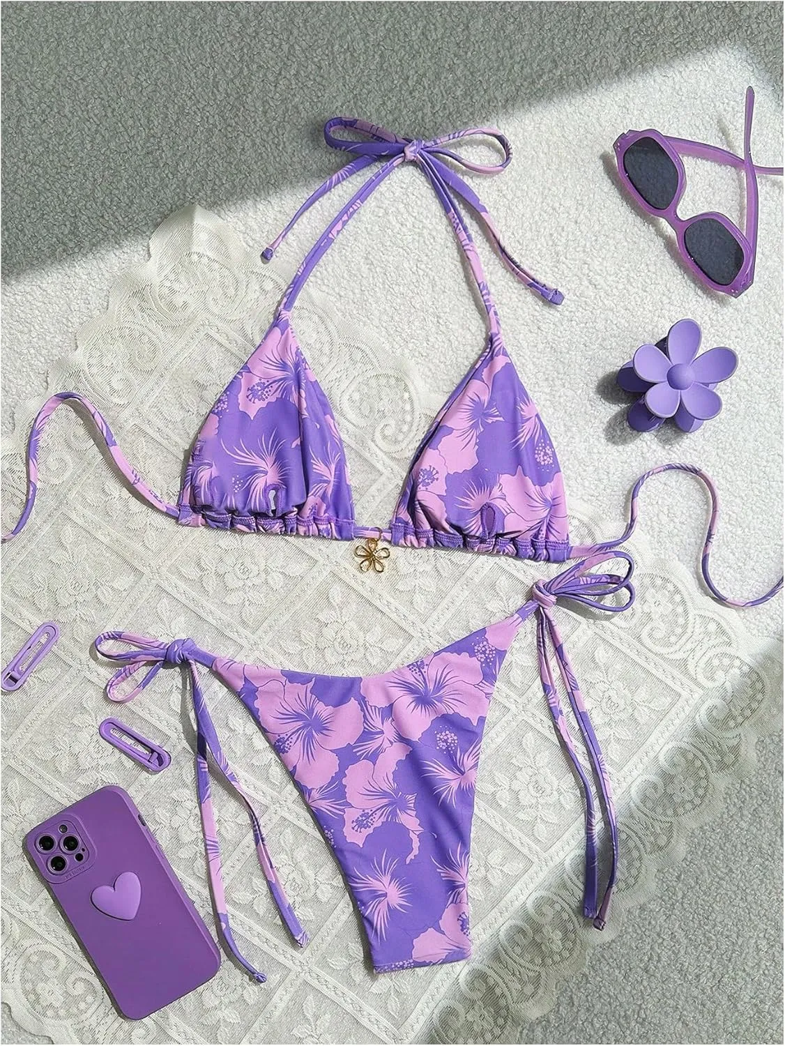 GORGLITTER Women's Floral Bow String Bikini Set Triangle Halter Swimsuit High Cut Summer Bathing Suit Swimwear 2025
