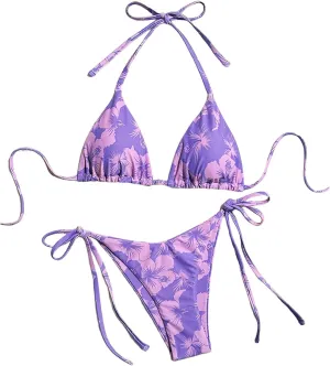 GORGLITTER Women's Floral Bow String Bikini Set Triangle Halter Swimsuit High Cut Summer Bathing Suit Swimwear 2025