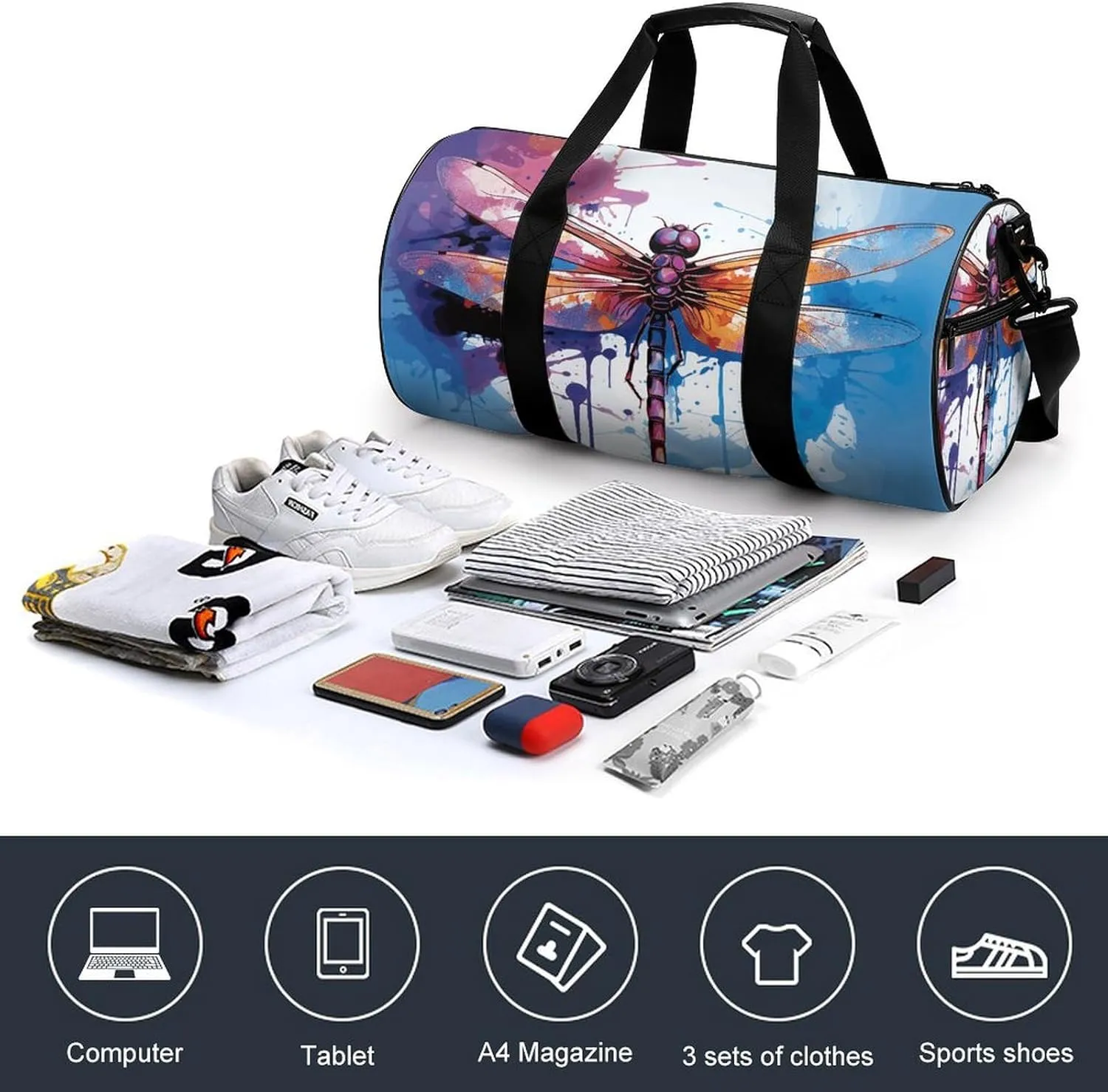 Gym Bag for Men Women Colorful Abstract Dragonfly Duffel Bag Overnight Bag with Compartment Gym Sackpac