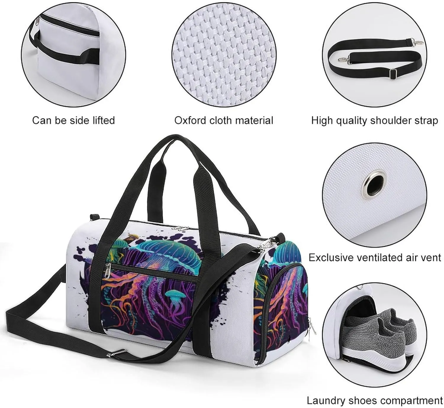 Gym Duffel Bag with Shoe Compartment Wet Pocket, Colorful Jellyfishs Travel Bag for Men Women